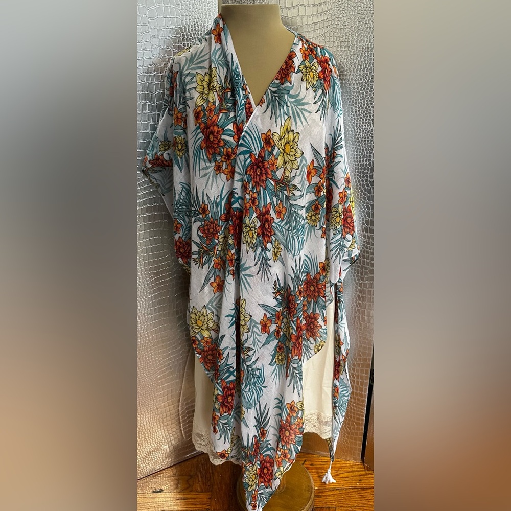 Mandee White Orange and Yellow Floral Scarf Tasseled Wrap